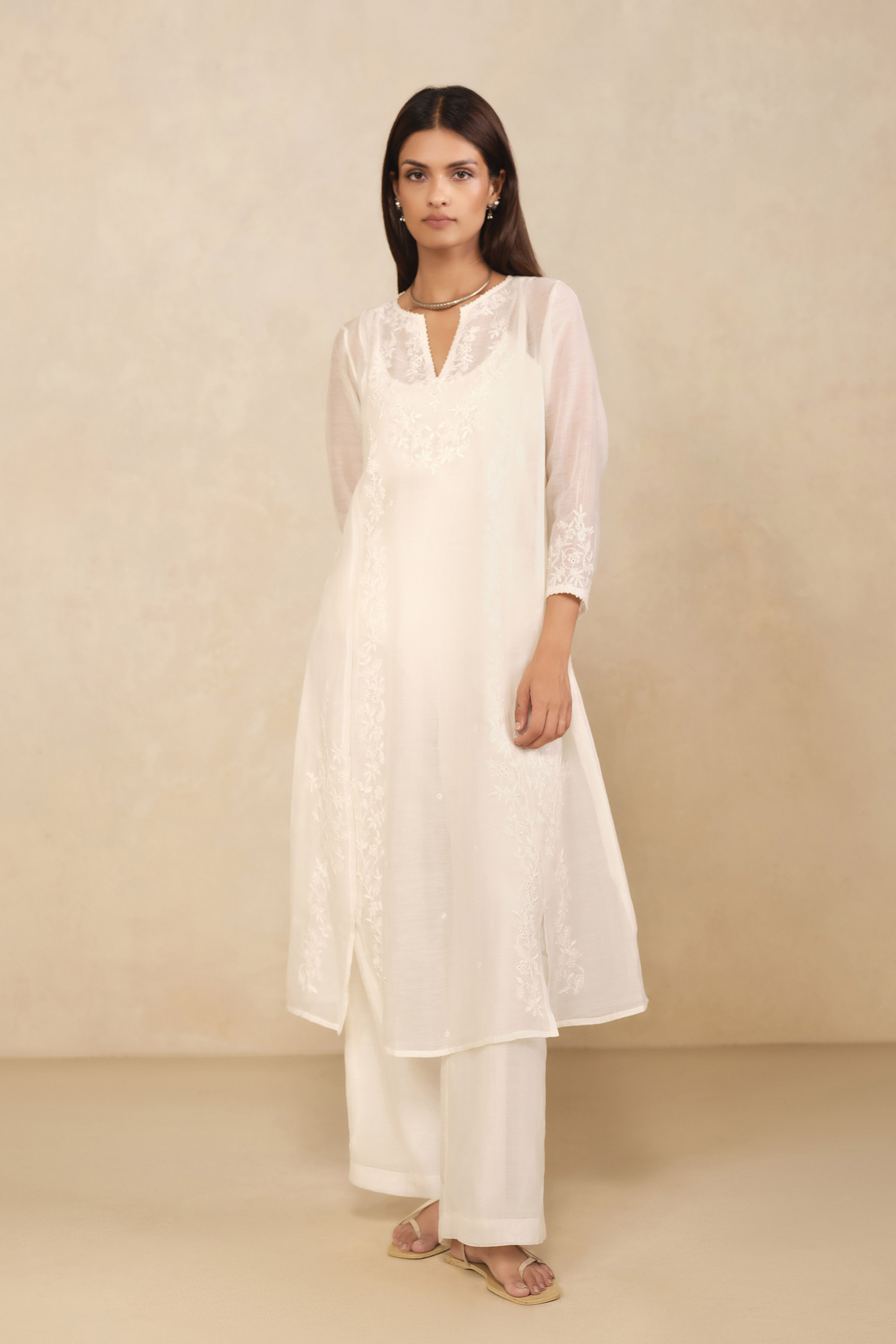 Haiku Chikankari Hand-embroidered Mul Kurta Set - Ivory, Ivory, image 1